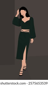 Vector flat image of a young girl. Brunette in a green skirt, blouse and black sandals. Design for avatars, posters, backgrounds, templates, banners, textiles, postcards.