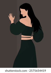 Vector flat image of a young girl standing with her back turned. Brunette in a green skirt, blouse and black sandals. Design for avatars, posters, backgrounds, templates, banners, textiles, postcards.