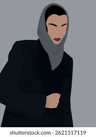 Imagem plana vetorial de uma jovem menina com cabelo escuro em um capuz de malha cinza e um casaco escuro. Design para avatares, cartazes, fundos, modelos, banners, têxteis, design, cartões postais.