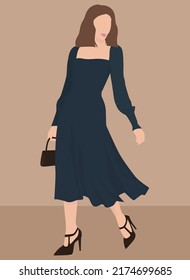 Vector flat image of a young lady in a blue midi dress. A lady in black sandals and a handbag. Cute girl Design for cards, avatars, posters, backgrounds, templates, textiles.