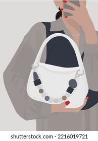 Vector flat image of a young lady in a white shirt and jumper. Girl in a small white handbag. Design for postcards, avatars, posters, backgrounds, templates.