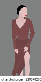 Vector flat image of a young and thin girl. A lady in a tight knitted dress. Girl with bright make-up. Design for postcards, avatars, posters, backgrounds, templates, textiles, banners.