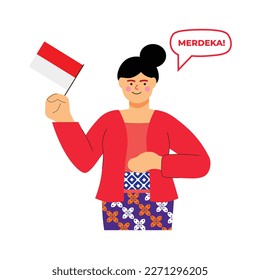 Ilustración del día de la independencia de la indonesia con vectores planos. Personas usando prendas de batir indonesias ondeando la bandera indonesia