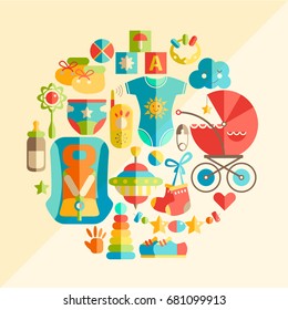 Vector flat infancy round illustration. Baby infancy products. Toys, clothes and other baby goods.  Elegant minimalistic style bright colors.