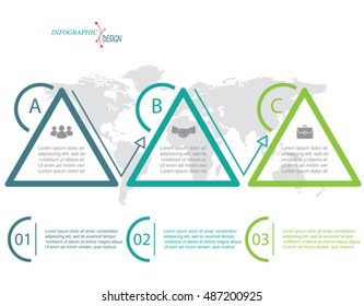 Vector flat infographic elements with triangle, 3 options and world map. Template for diagram, graph, presentation. Business concept with three parts, steps or processes.