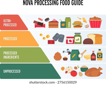 Vector flat infographic of NOVA food processing classification. 4 column chart from unprocessed healthy diet to ultra-processed junk food. Nutrition and health guide.