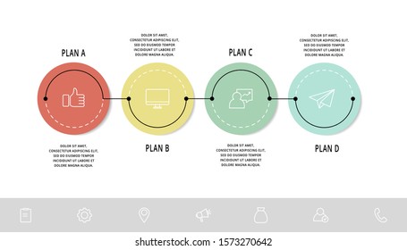 Vector flat infographic template. Circles with text and icons for four diagrams, graph, flowchart, marketing, presentation. Business concept with 4 options