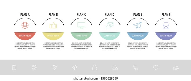 Vector flat infographic template. Circles with text and icons for six diagrams, graph, flowchart