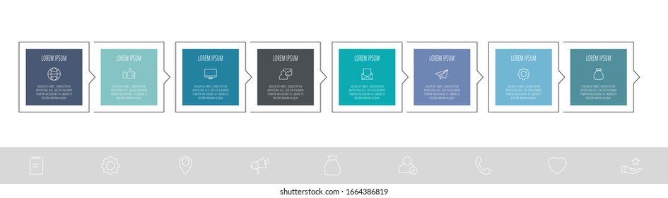 Vector flat infographic template. Data visualization with icons and arrows for 8 steps. Can be used for presentations, flowchart, banner, business report, chart or info graph