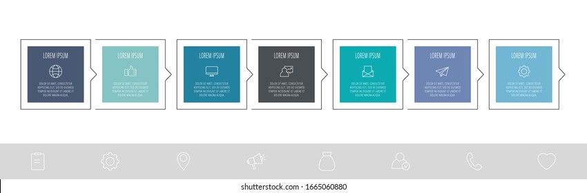 Vector flat infographic template. Data visualization with icons and arrows for 7 steps. Can be used for presentations, flowchart, banner, business report, chart or info graph