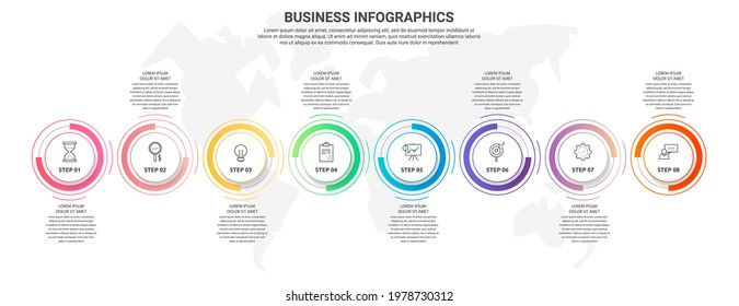 Vector flat infographic template with eight circles, elements, sectors. Modern designed for business, presentations, timeline, web design, banner, levels, chart, interface 8 steps diagrams
