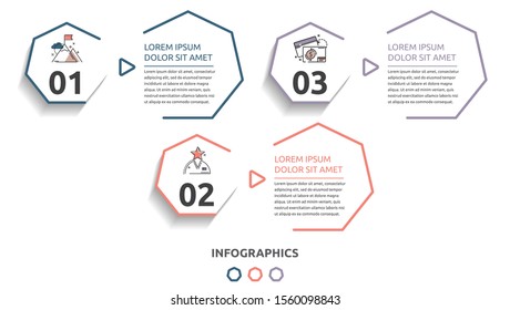 Vector flat infographic template. Line heptagon with text and icons for three diagrams, graph, flowchart, timeline, marketing, presentation. Business concept with 3 options