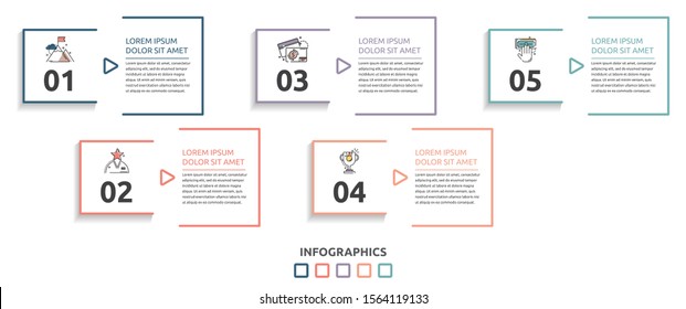 Vector flat infographic template. Line square with text and icons for five diagrams, graph, flowchart, timeline, marketing, presentation. Business concept with 5 options