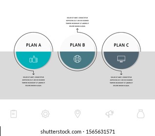 Vector flat infographic template. Line circles with text and icons for three diagrams, graph, flowchart, timeline, marketing, presentation. Business concept with 3 options