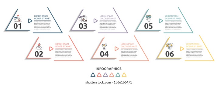 Vector flat infographic template. Line triangle with text and icons for six diagrams, graph, flowchart, timeline, marketing, presentation. Business concept with 6 options
