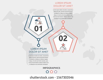 Vector flat infographic template. Line pentagon with text and icons for two diagrams, graph, flowchart, timeline, marketing, presentation. Business concept with 2 options