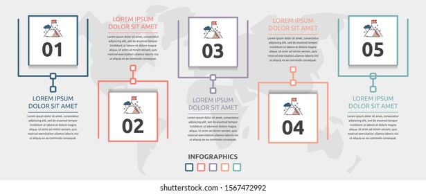 Vector flat infographic template. Line square with text and icons for five diagrams, graph, flowchart, timeline, marketing, presentation. Business concept with 5 options