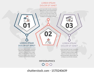Vector flat infographic template. Line pentagon with text and icons for three diagrams, graph