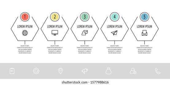 Vector flat infographic template. Line hexagon with text and icons for five diagrams, graph, flowchart, timeline, marketing, presentation. Business concept with 5 options