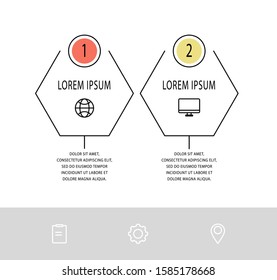 Vector flat infographic template. Line hexagon with text and icons for two diagrams, graph, flowchart, timeline, marketing