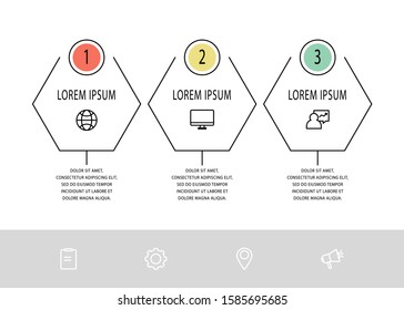 Vector flat infographic template. Line hexagon with text and icons for three diagrams, graph, timeline, marketing