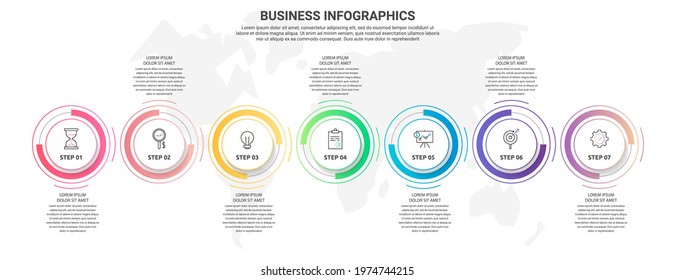 Vector flat infographic template with seven circles, elements, sectors. Modern designed for business, presentations, timeline, web design, banner, levels, chart, interface 7 step diagrams
