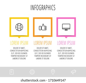 Vector flat infographics with 3 elements with arrows. Business template of three parts, options, processes. Concept of modern design for diagram, chart, web design, graph