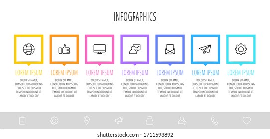Vector flat infographics with 7 elements with arrows. Business template of seven parts, options, processes. Concept of modern design for diagram, flowchart, timeline, banner, web