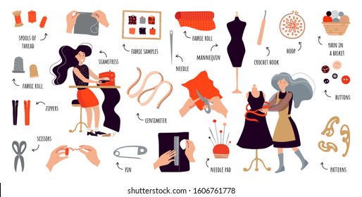 Vector flat infographics sewing courses. Women create designer clothes with their own hands. Illustration for sewing courses, a training site, a poster with master classes. Set of items for sewing