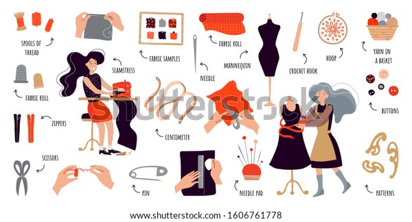Vector flat infographics sewing courses. Women\
create designer clothes with their own hands. Illustration for\
sewing courses, a training site, a poster with master classes. Set\
of items for sewing