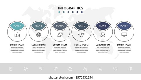 Vector flat infographics template. Line circles with text and icons for six diagrams