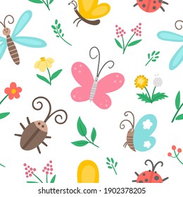 Vector flat insect and first flower seamless pattern. Funny spring garden repeating background. Cute ladybug, butterfly, beetle, dandelion digital paper for kids. Bugs and plants texture
