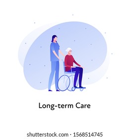 Vector flat insurance banner template illustration. Long-term care senior insurance concept. Nurse with female in wheelchair on white background. Business design element for poster, ui, web.