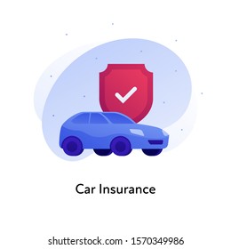 Vector flat insurance business color illustration. Car protection concept. Vehicle and shield with checkbox isolated on white background. Design element for banner, poster, web, ui, print