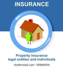 Vector flat insurance icons. Property insurance legal entities and individuals. Round yellow frame. Advertisements, signs, stickers, banners signage. Isolated on a white background