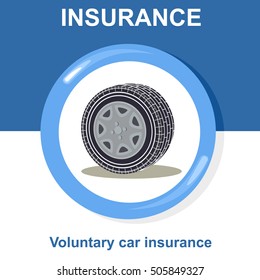Vector flat insurance icons. Voluntary car insurance. Round yellow frame. Advertisements, signs, stickers, banners signage. Isolated on a white background