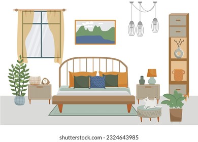 Vector de interior plano del dormitorio. Mobiliario de estilo moderno de mediados de siglo.