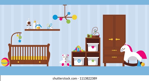 Vector flat interior illustration with newborn kid room. Baby bed, toys, wardrobe, boxes and shelve for child accessories on light blue background