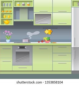 Vector Flat Interior Kitchen in Apartment Cartoon. Illustration Modern Furniture and Kitchen Utensils on Table Top. Design and Decor Kitchen in Apartment. On Electric Stove Preparing Food.