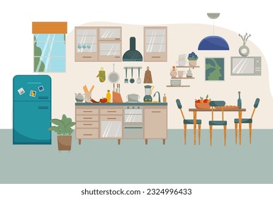 Vector flat interior of kitchen. Furnitures such as stove, table, cupboard, dishes and fridge in modern style.