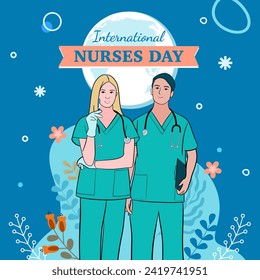 Ilustración vectorial de enfermeras internacionales de día. Feliz concepto del día de la enfermera. Antecedentes médicos. Concepto de medicina sanitaria. Gracias por la enfermera. Día Internacional de la Enfermería. Diseño de ilustración vectorial.