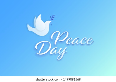Vector flat international peace day horizontal banner template. Gradient illustration with text, pigeon hold leaf on blue fluid background. Design element for holiday greeting card, poster, web, flyer