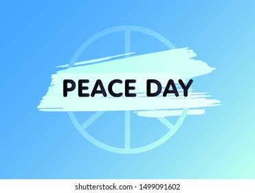 Vector flat international peace day banner template. Abstract brush illustration with pacify sign and black text on blue background. Design element for holiday greeting card, poster, web, flyer