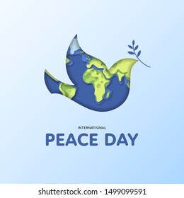 Vector flat international peace day banner template. Paper cut pigeon and earth map with shadow. Dove hold olive leaf illustration on blue. Design element for holiday greeting card, poster, web, flyer