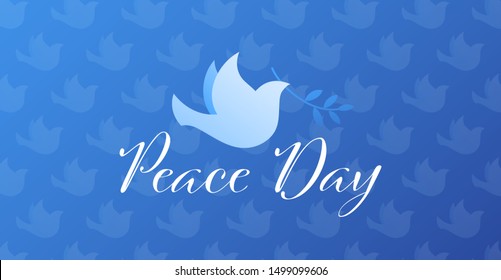 Vector flat international peace day horizontal banner template. Gradient illustration with text, dove hold leaf on blue seamless background Design element for holiday greeting card, poster, web, flyer