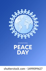 Vector flat international peace day vertical banner template. Paper cut contour earth globe with shadow and white text on blue background. Design element for holiday greeting card, poster, web, flyer