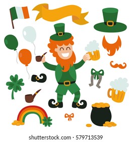 Vector flat irish character cartoon saint patrick day green set template