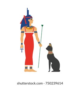 Vector Flat Isis Goddes - Ancient Egypt God With Throne On Her Hand With Black Cat Animal Near Her. Mother Of All Egypt Pharaohs. Isolated Illustration On A White Background.