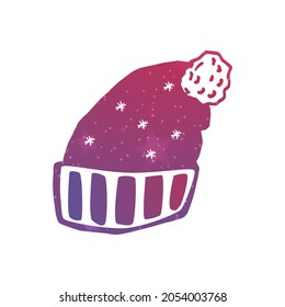 Vector flat isolated abstract illustration of warm headdress. A woolen hat with the texture of a starry pink sky is depicted. It can be used in web design, banners, etc.