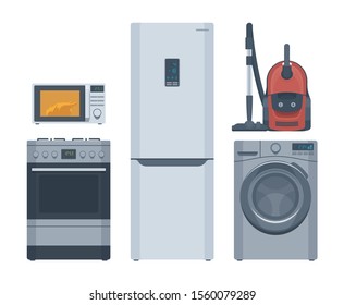 Vector flat isolated appliances set. Refrigerator, stove, microwave, washing machine, vacuum cleaner